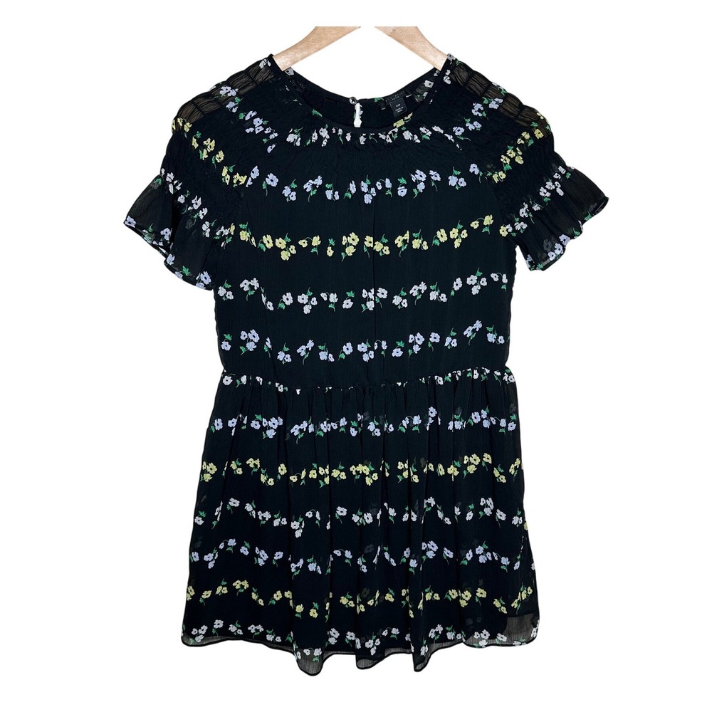 Ann Taylor Floral Print Smocked A-line Dress size XS Petite Black/Yellow/Blue